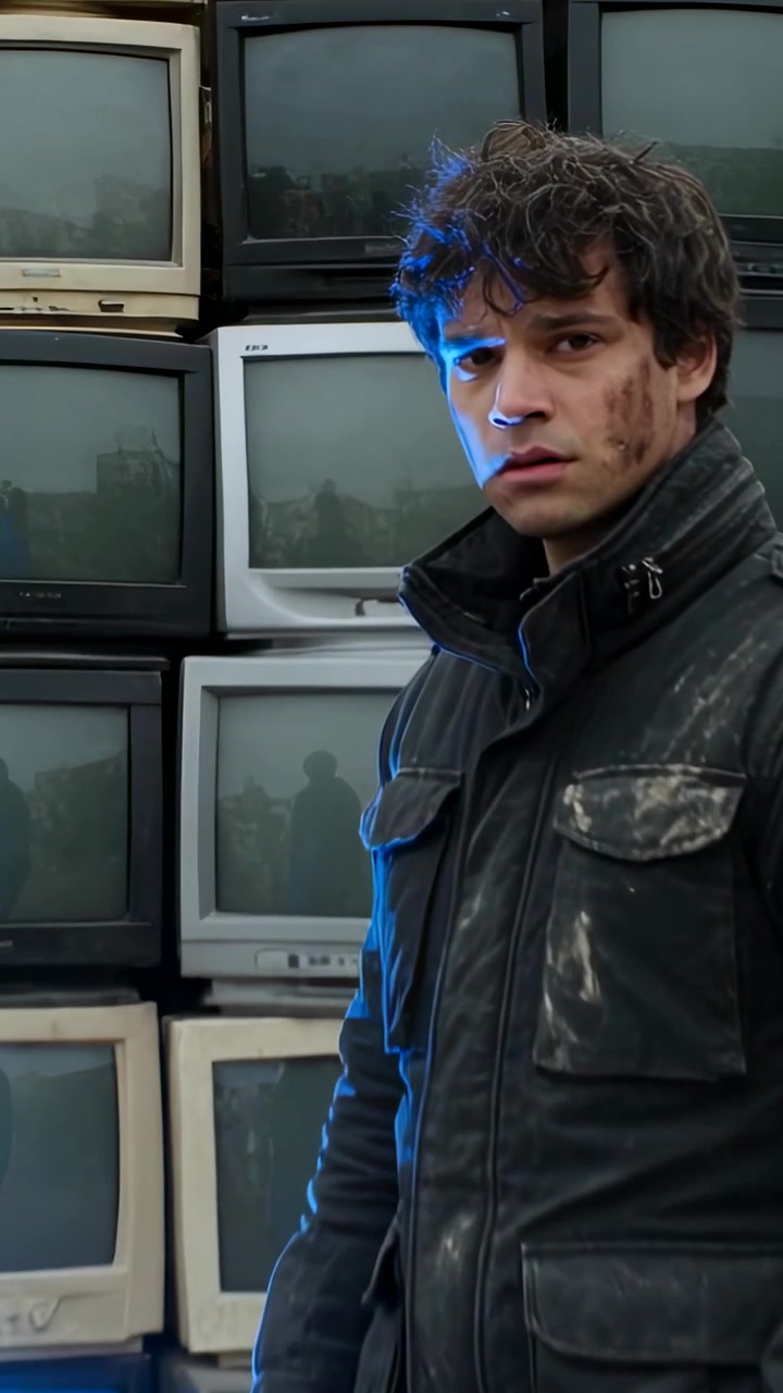 Vertical video: Leaning man in jacket reacting to camera zooming in storage with CRT wall