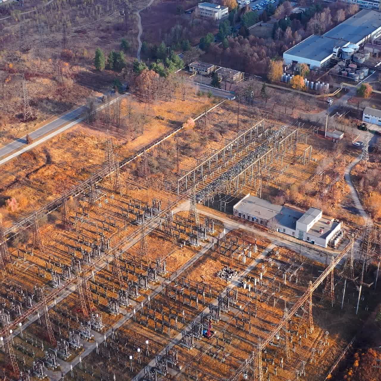 High voltage power mini electricity station. Drone view of electricity supplies
