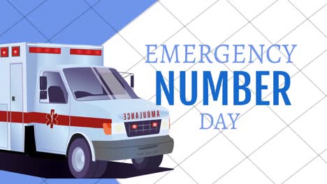 animation of emergency number day text with ambulance icon on white background