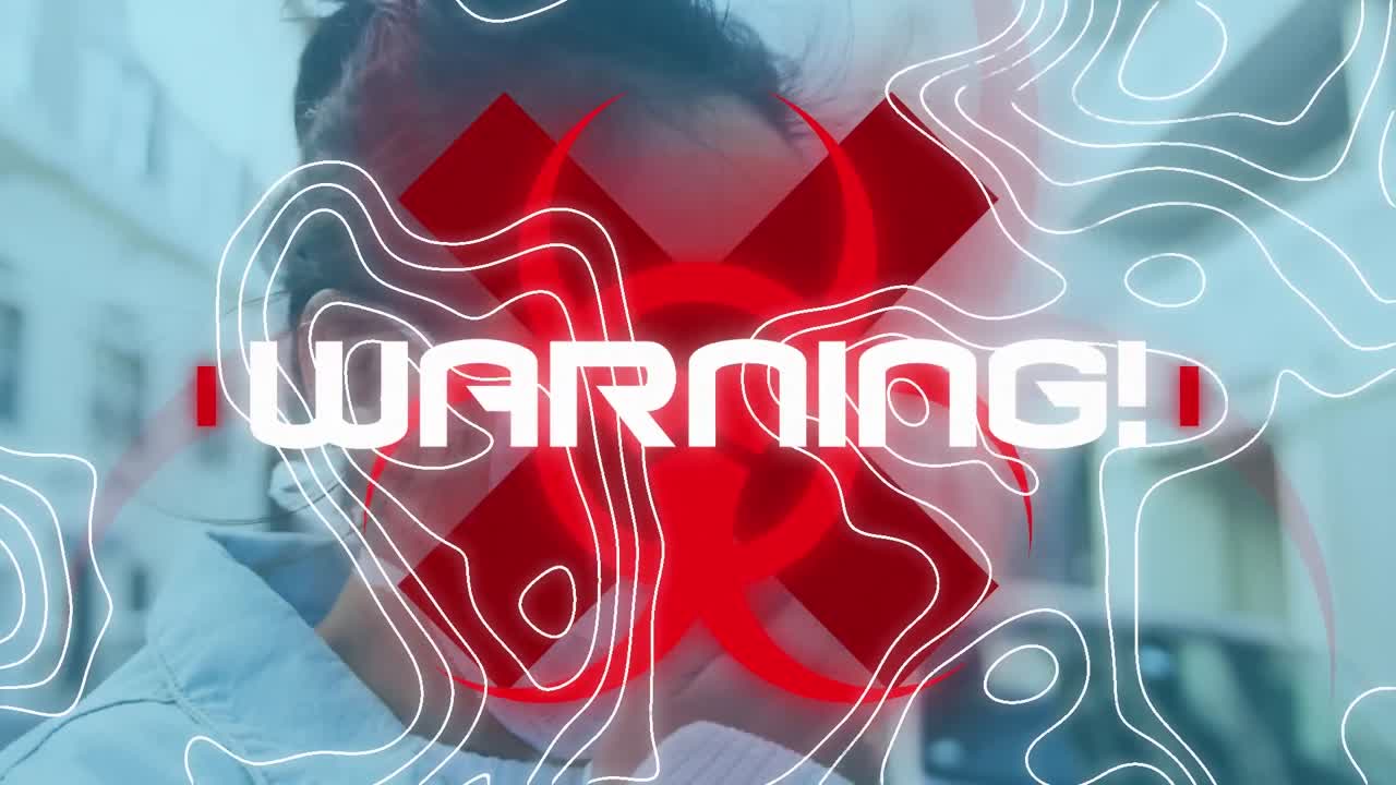 바이오 위험 상징과 얼굴 마스크를 입은 여성에 대한 코로나 19 데이터 처리 애니메이션