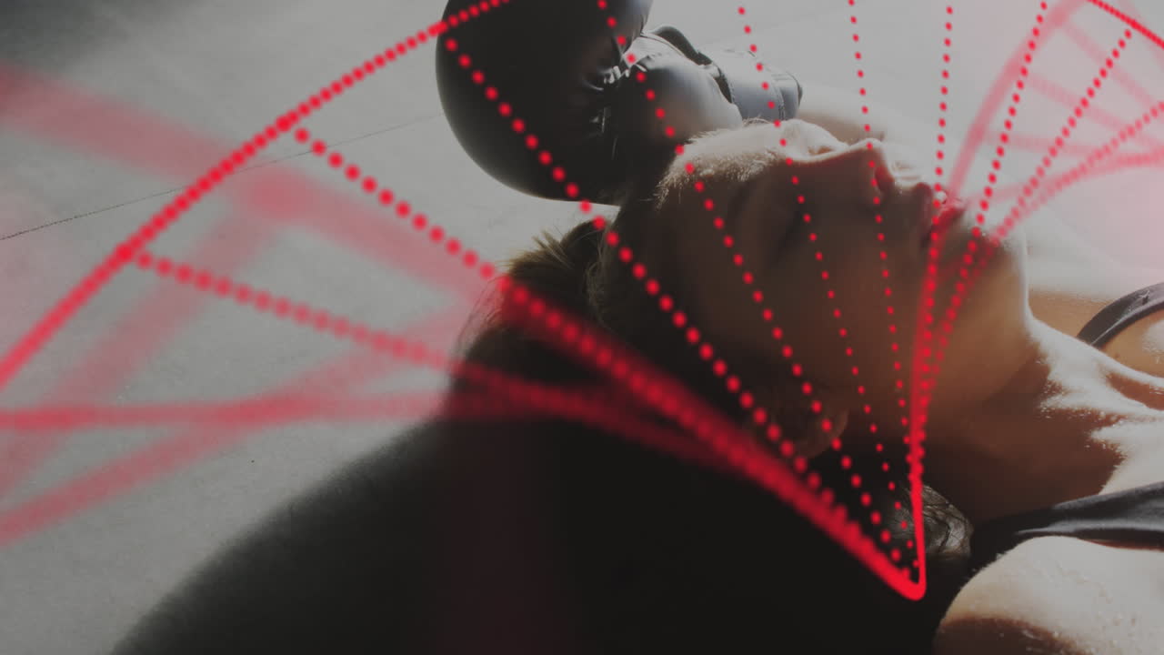 권투 체육관에서 운동하는 백인 여성에 대한 dna 가닥의 애니메이션