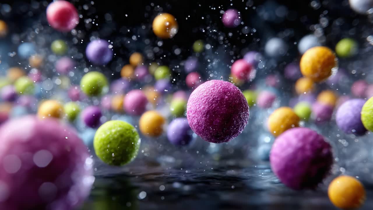 A Stunning Display of Colorful Spheres Floating and Splashing in a Vibrant Water Scene, Capturing the Beauty of Motion and Texture in a Dynamic Environment