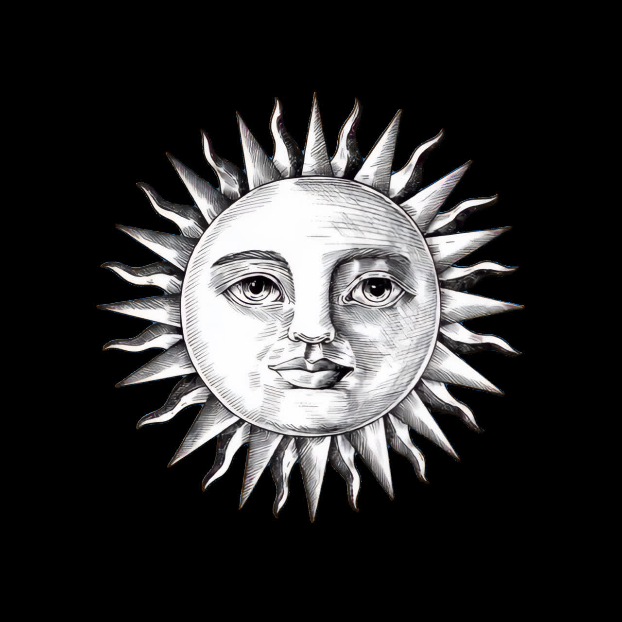 Animazione artistica di un'illustrazione vintage di un sole con volto, risorsa isolata, video 4K trasparente, canale alfa