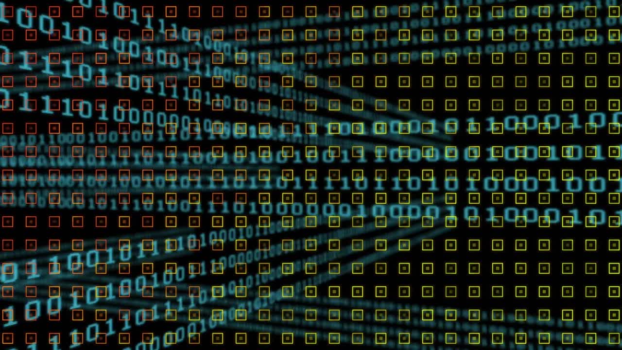 animatie van rijen van patronen die over binaire codering en gegevensverwerking draaien