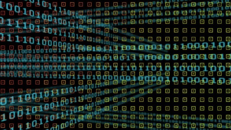 Animation of rows of pattern spinning over binary coding and data processing