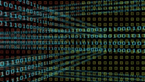 Animation of rows of pattern spinning over binary coding and data processing
