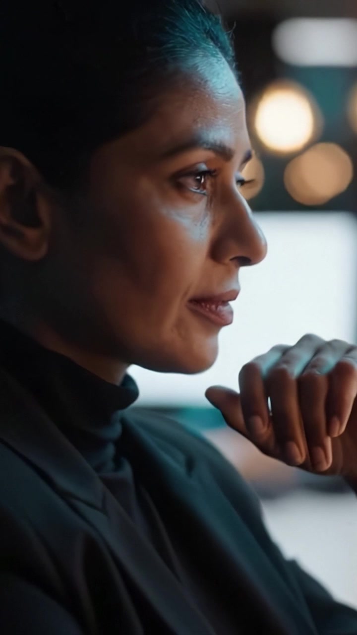 Pensive Reflection: A Woman in Profile Contemplating Ideas and Strategies in a Modern Workspace with Soft Lighting and a Professional Appearance