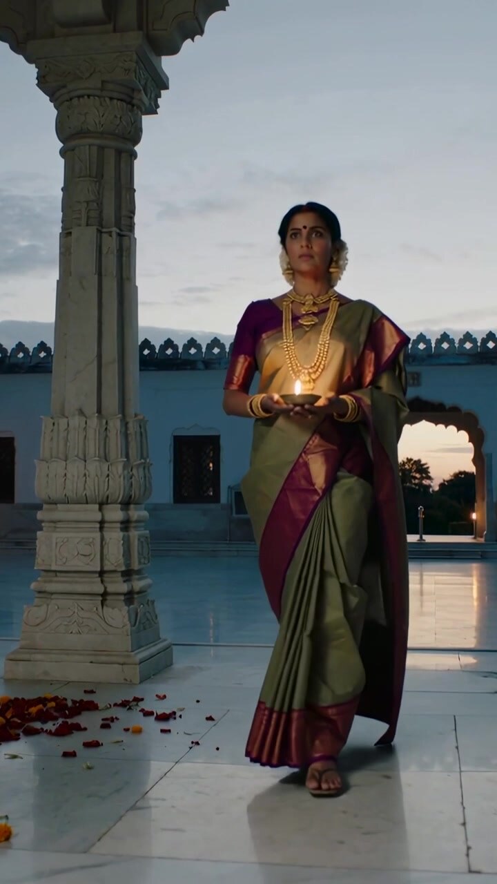 Vidéo verticale : Une femme en sari vert sortant d'une arche et entrant dans un temple, tenant un diya pour la puja.