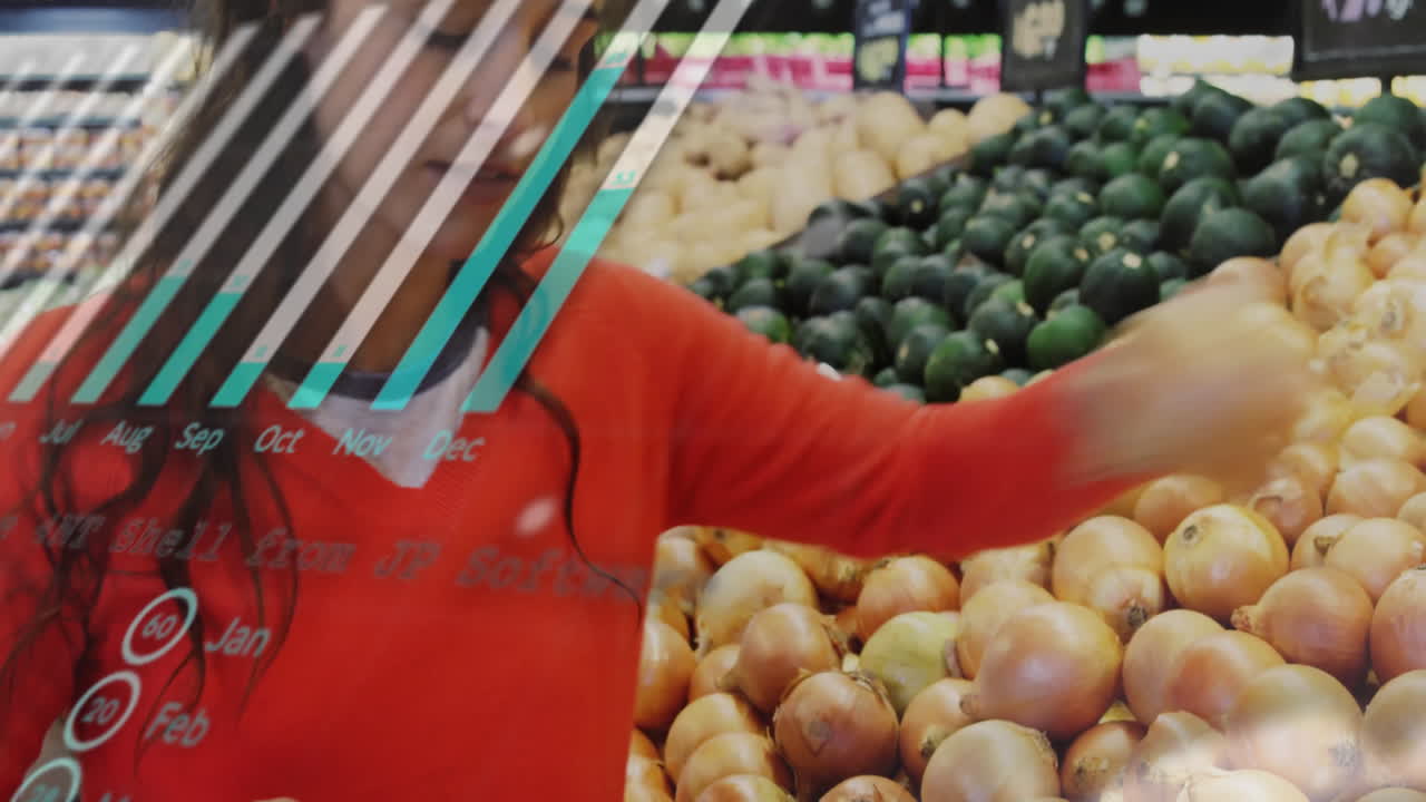 Person in red sweater reaching for onions over geometric pattern animation