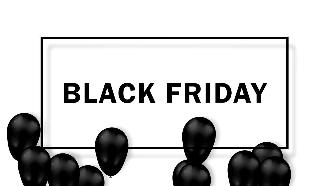 애니메이션 프레임과 검은색 날아다니는 장식 공을 가진 애니메이션 블랙 프라이데이 글