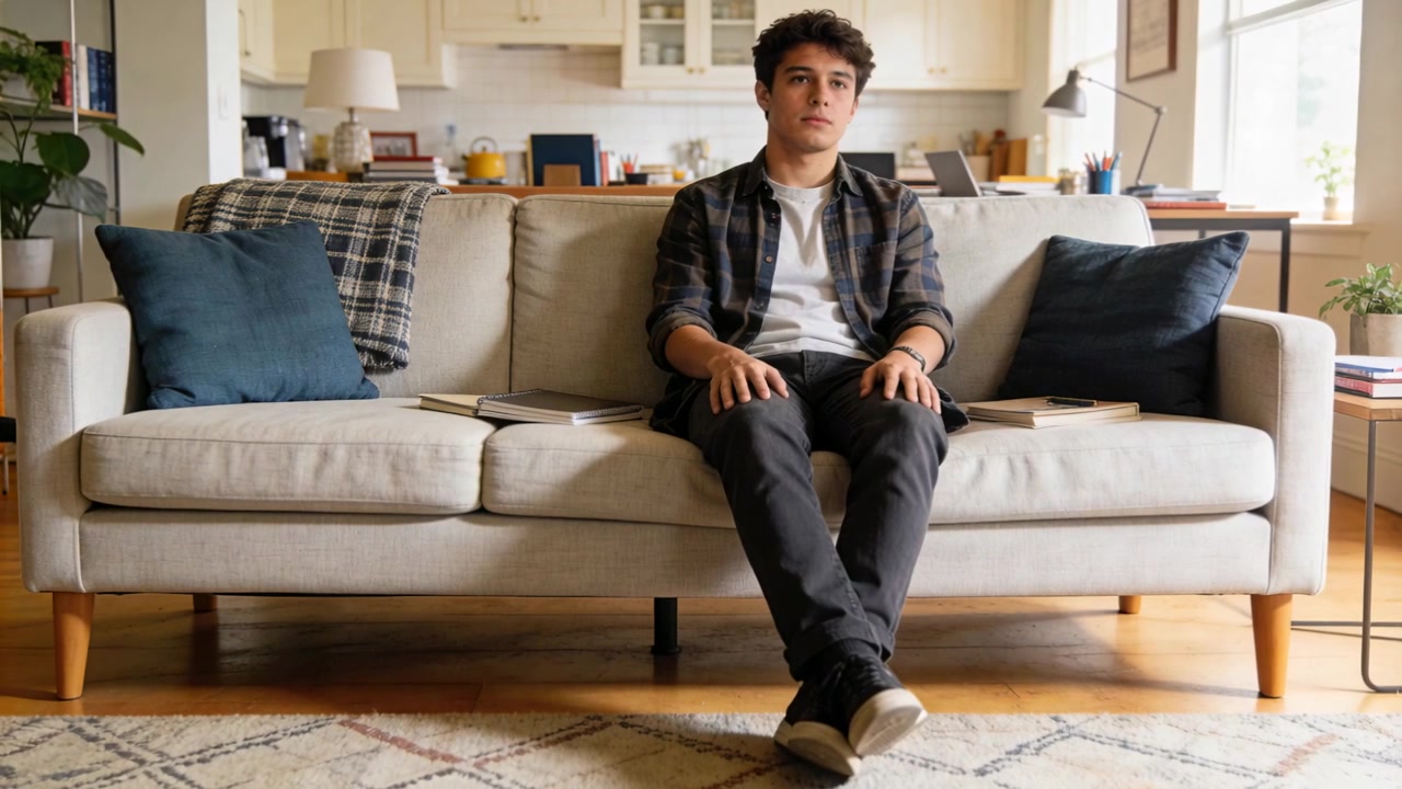 Shifting man sitting in plaid shirt adjusting pose on sofa near window with notebook and book