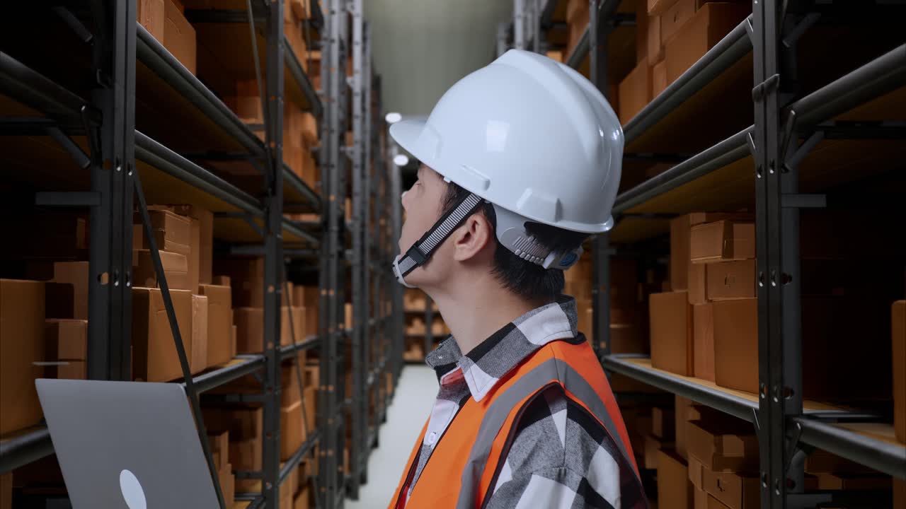 vista lateral de cerca de un ingeniero masculino asiático con casco de seguridad mirando una computadora portátil y mirando a su alrededor mientras está de pie en el almacén con estantes llenos de productos de entrega