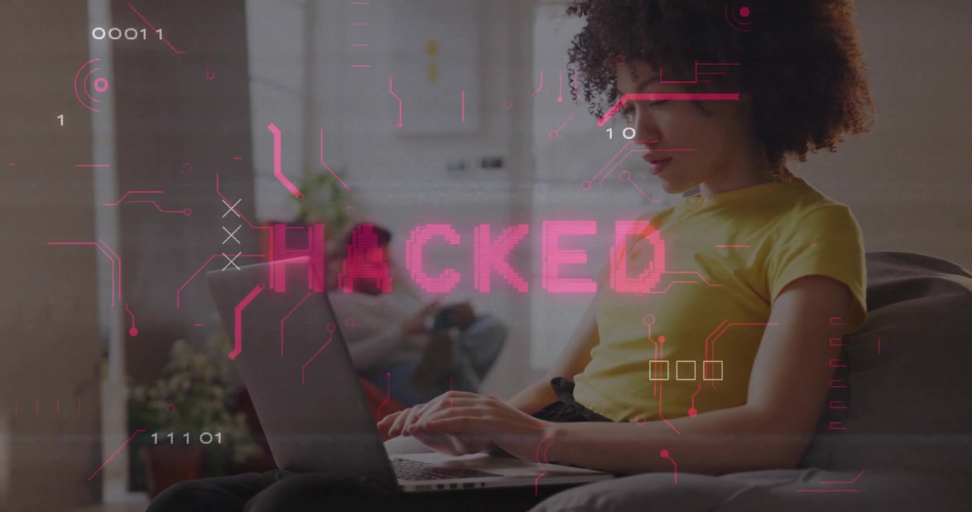 Woman stopping typing and grabbing smartphone as circuit binary glitch hacked warning on sofa