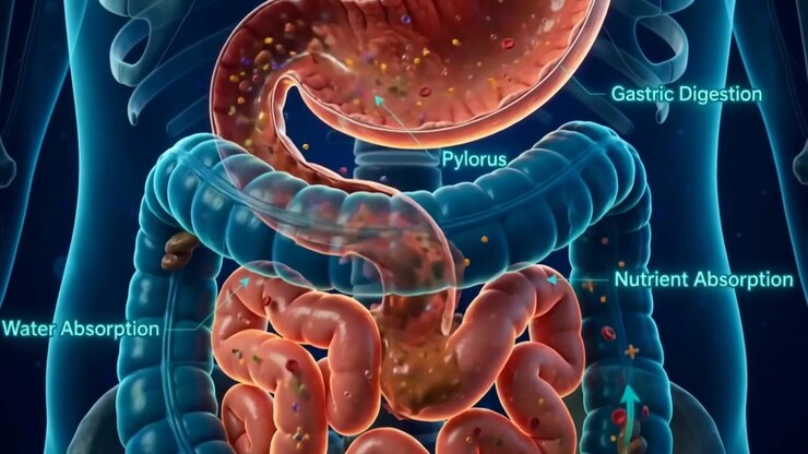 Stunning 3D animation of the human digestive system labeled 3d digestion animation showing stomach, nutrient