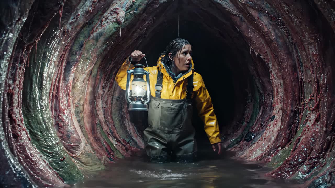 Femme exploratrice avec lanterne dans une mystérieuse grotte organique