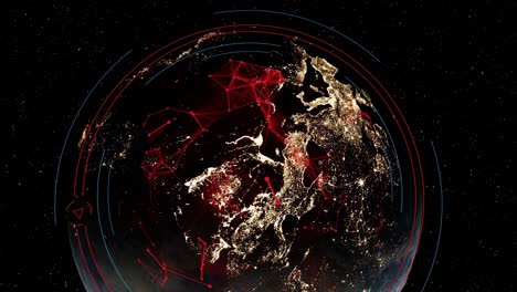 spinning planet earth globe view from space with animation of electromagnetic field