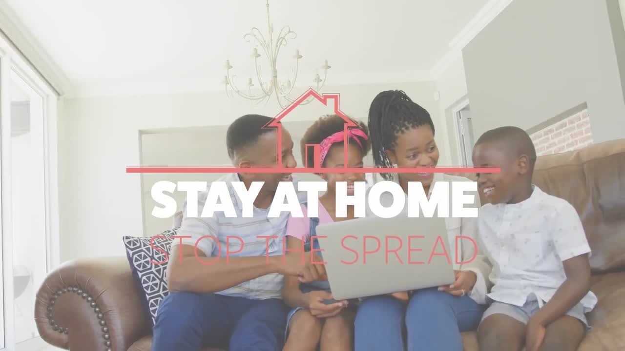 아프리카계 미국인 가족이 배경으로 집에 머물면서 확산을 막는 단어의 애니메이션