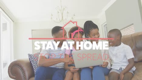 animación de las palabras quedarse en casa detener la propagación con familia afroamericana en el fondo