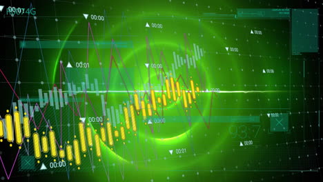 animation of financial data processing over glowing green circles