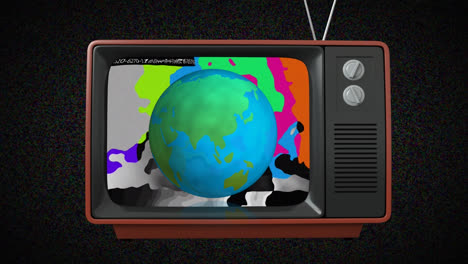 animation of vintage tv with globe on colorful background