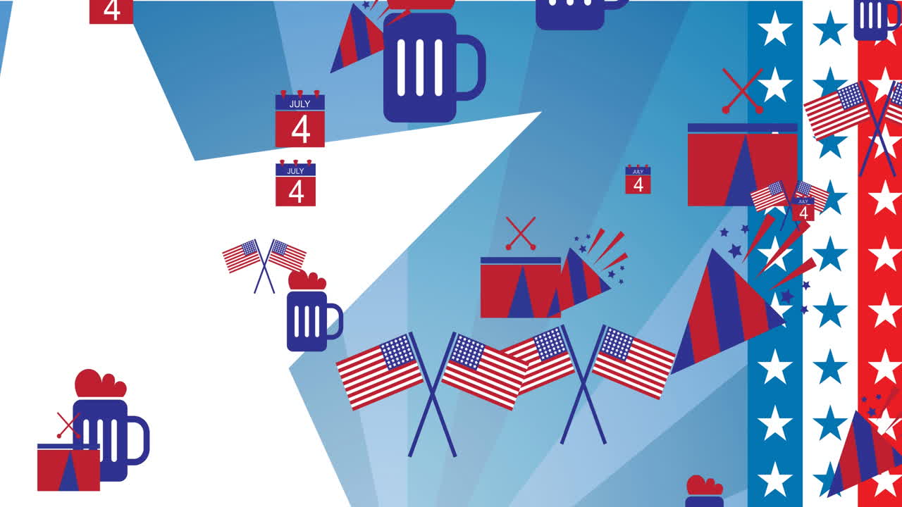 Animation of icons coloured in american flag over stars and stripes background