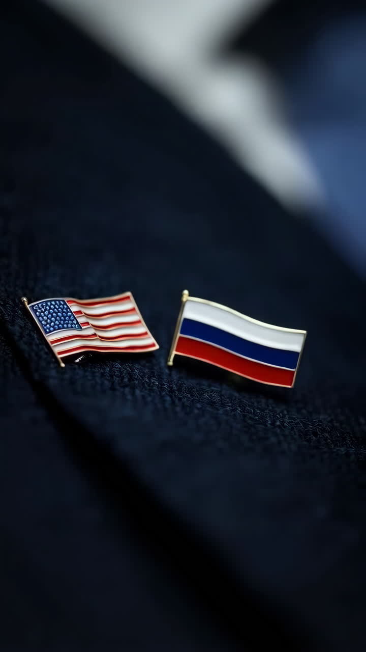 US and Russia Flag Pins on Fabric