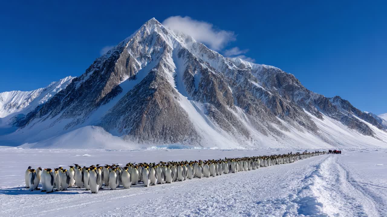 A majestic line of Emperor penguins marching across the snow-covered landscape, with towering mountains in the background under a clear blue sky