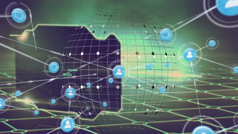 Animation of data processing over globe and connections with icons