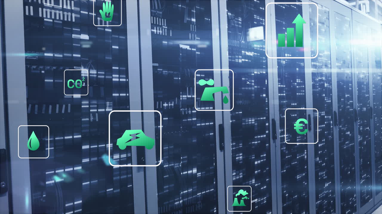 animación de múltiples iconos sobre barras y llamaradas de lentes sobre la sala del servidor