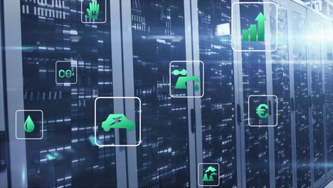 Animation of multiple icons over bars and lens flares over server room