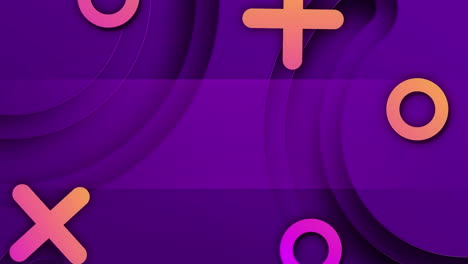 animación de cruces y anillos anaranjados y rosados, flotando hacia arriba sobre un fondo púrpura