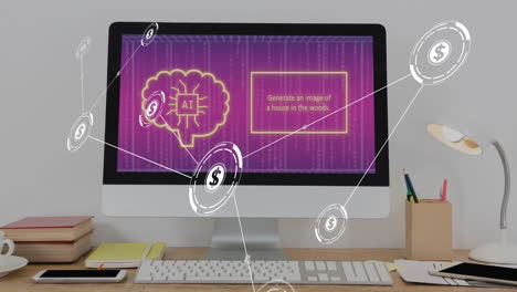 Animation-of-network-of-connections-with-icons-over-ai-data-on-computer-screen