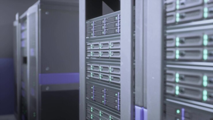 Interior view of illuminated server cabinet with organized wiring