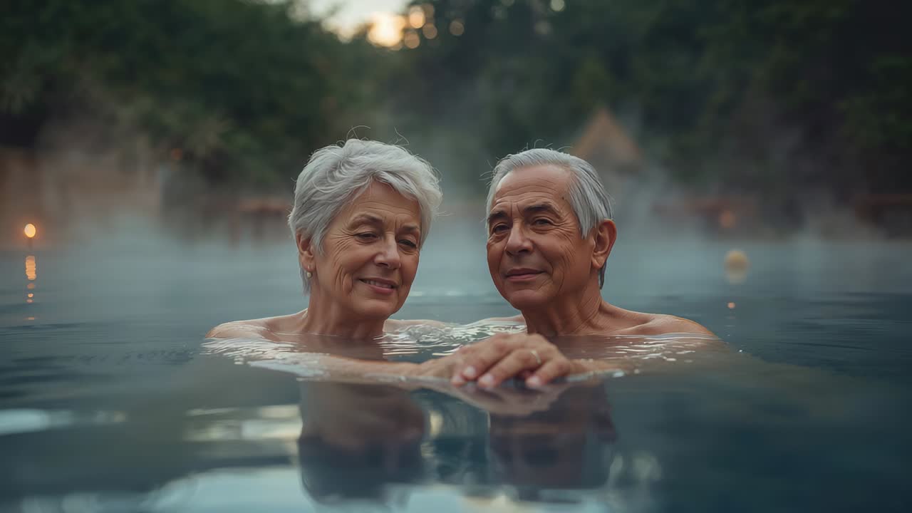 Floating senior couple in hot pool amid mist, camera tightening urging man reaching edge to steady