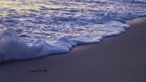 foamy waves coming onto sandy beach during golden hour creating amazing colors in the wet sand reflection