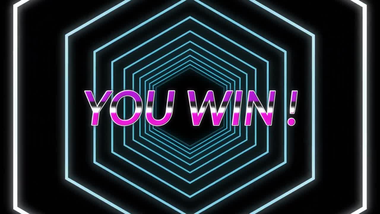 보라색 당신은 검은색 배경에 원활한 움직임에 네온 파란색 육각형에 대한 텍스트를 승리