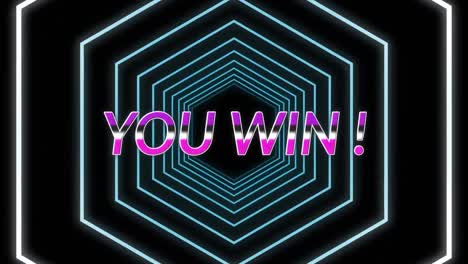 purple you win text against neon blue hexagons in seamless motion on black background