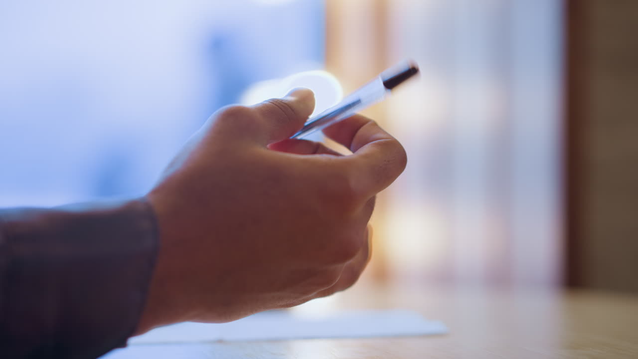 Close-up of man's hand resting on table in natural light, with empty fingers slightly curled, creating sense of pause, anticipation, or contemplation in relaxed environment with soft background glow