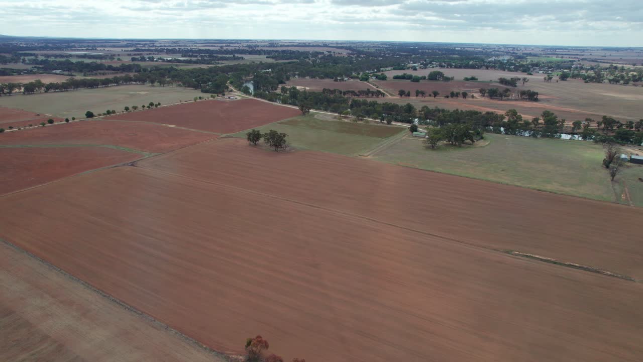Aerial view of the agricultural lanscape south of Bridgewater in central Victoria, Australia, May 2025.