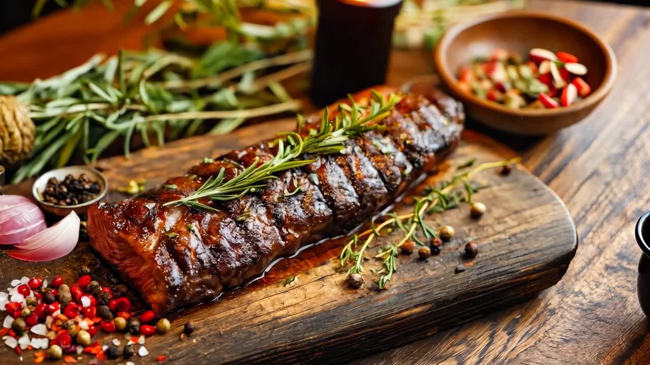 una tabla de cortar de madera cubierta con carne y verduras
