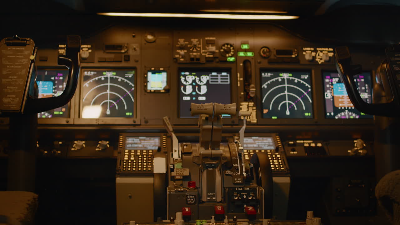 Empty airplane cockpit with dashboard navigation to takeoff