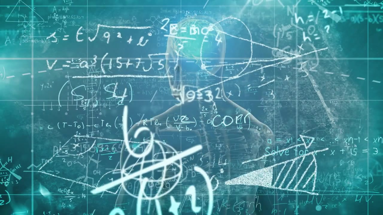 On play 3D wireframe human turning revealing brain glow while formulas swirl illustrating cognition