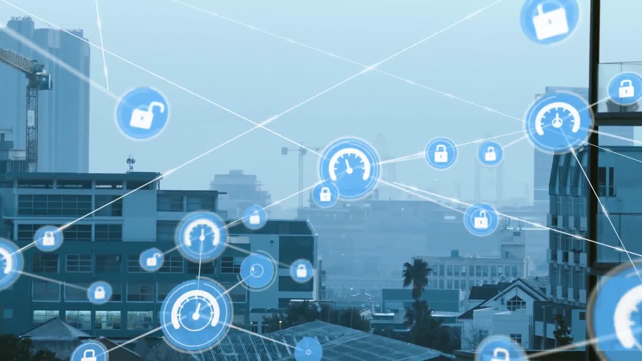 Animazione di una rete di icone digitali su una veduta aerea di un paesaggio urbano