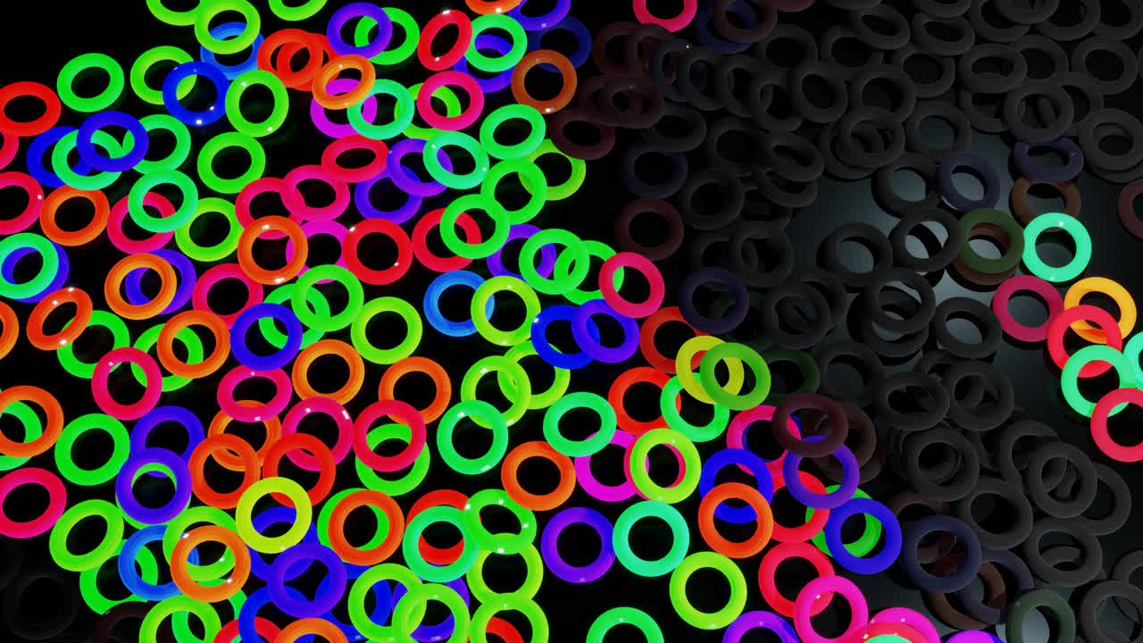 3d fondo en bucle abstracto con muchos toros o anillos grises se colocan en el plano y se encienden. las bombillas comienzan a brillar formando un patrón como una guirnalda de navidad abstracta. las ondas multicolores atraviesan los anillos