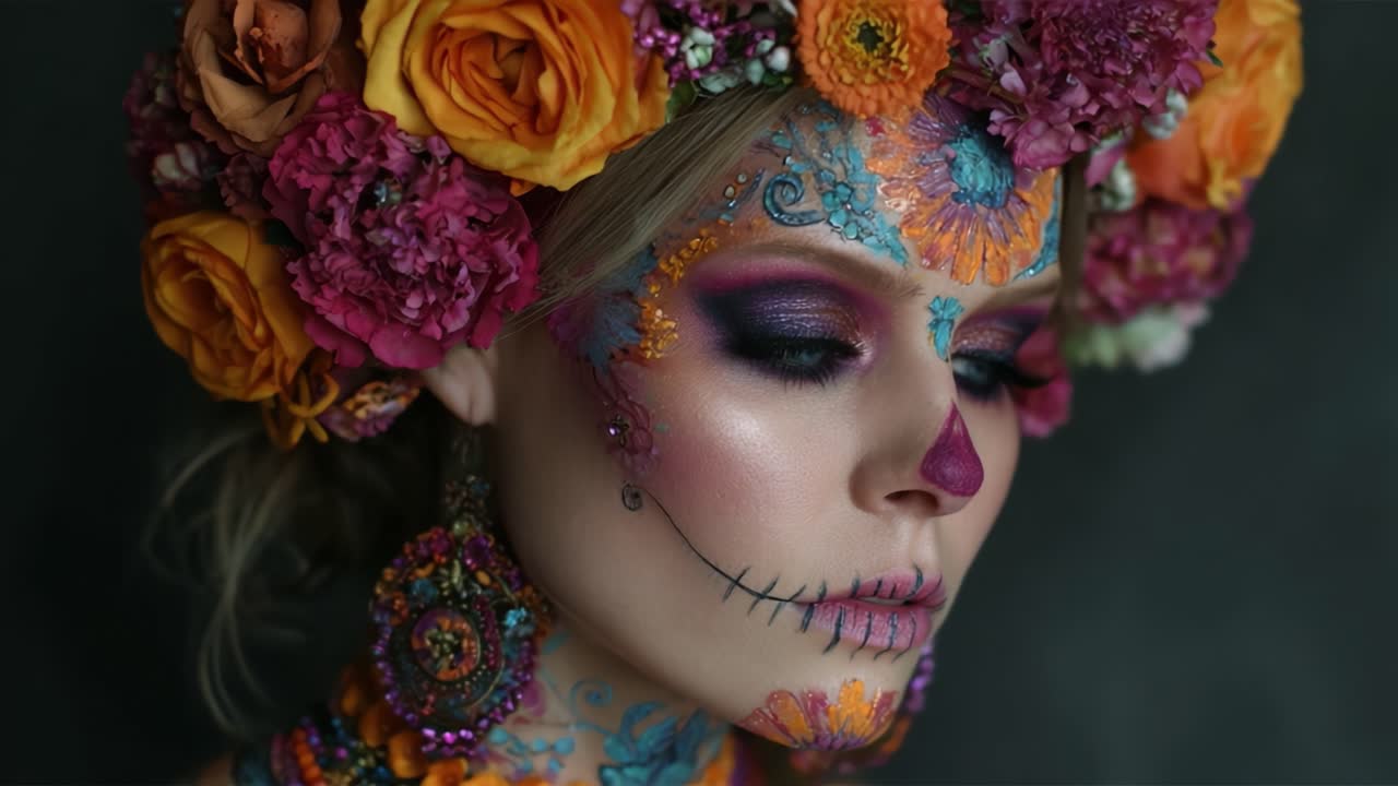 Una trasformazione accattivante: celebrare il trucco artistico con accenti floreali e un'intricata arte scheletrica in un ritratto mozzafiato
