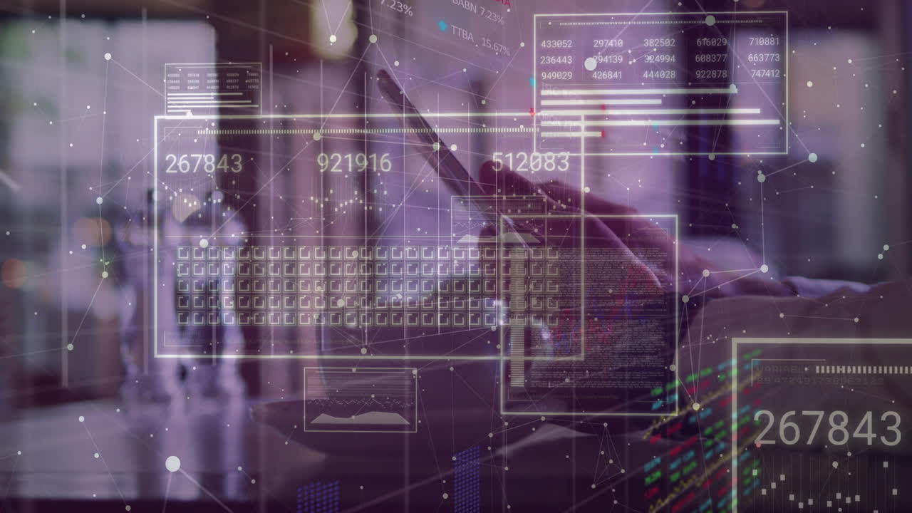 Man holding smartphone on desk, showing floating data charts and numeric readouts for technology