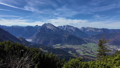 panoramic views of the bavarian alps over obersalzberg mountain in berchtesgaden, germany. handheld shot