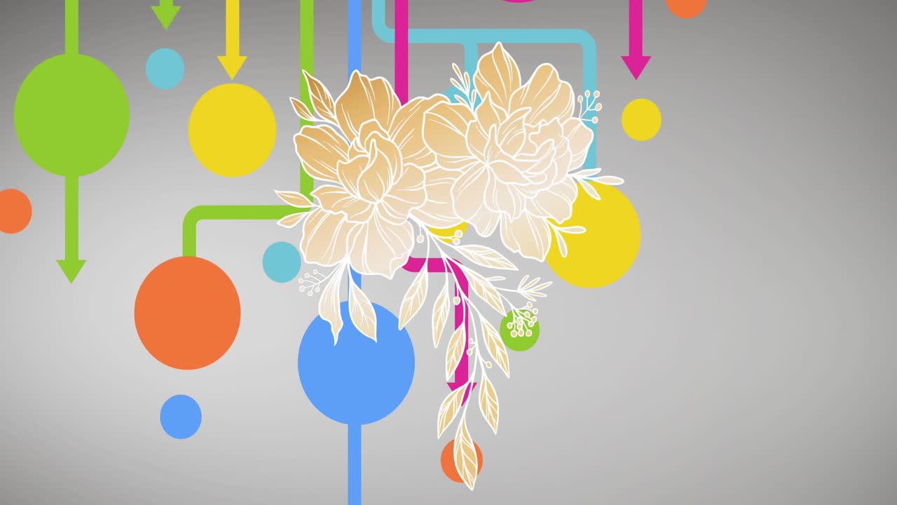 Animação de ícones de flores sobre formas.