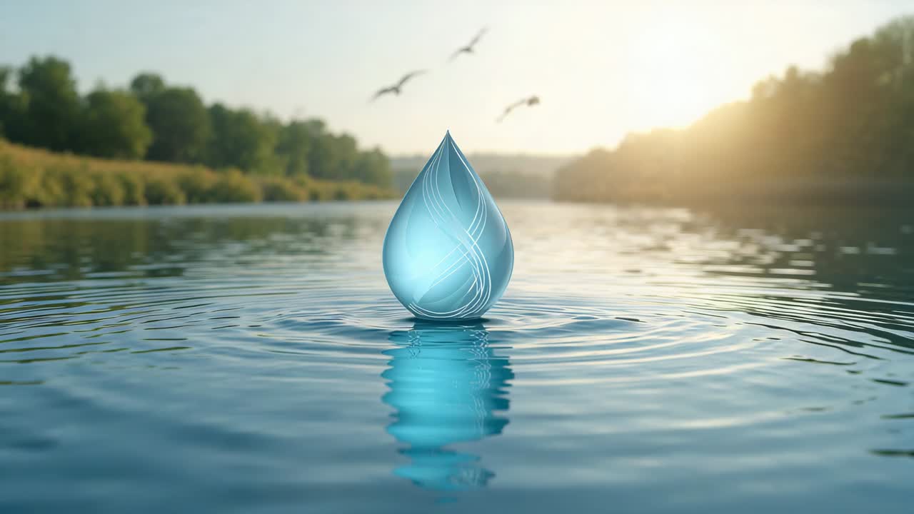 Em contato com a água, gota azul ondulante se estabelecendo, criando ondulações no lago enquanto pássaros voam