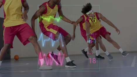 animation of digital data processing over diverse basketball players on court